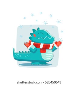 Stylized funny dinosaur. He enjoys the snow.  Vector illustration. 