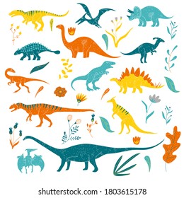 Stylized Funny Dinosaurs or Reptile with Floral Elements Vector Set. Prehistoric Animals and Predators with Cute Muzzle