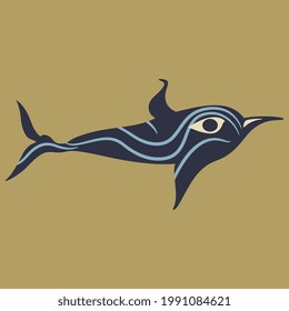 Stylized funny dolphin or fish. Ancient Greek vase painting animal motif from Cyclades.