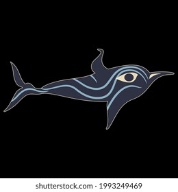 
Stylized funny dolphin or fish. Ancient Greek vase painting animal motif from Cyclades. On black background.