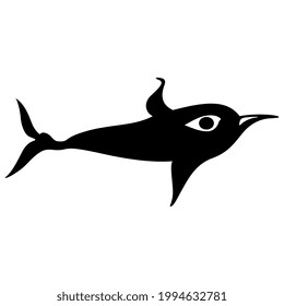 Stylized funny dolphin or fish. Ancient Greek vase painting animal motif from Cyclades. Black and white silhouette.