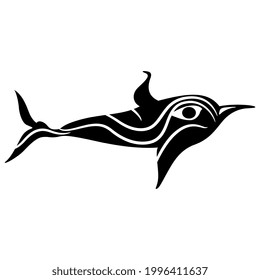 Stylized funny dolphin or fish. Ancient Greek vase painting animal motif from Cyclades. Black and white silhouette.