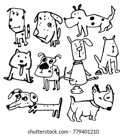 Stylized funny doodle dogs. Simple shapes