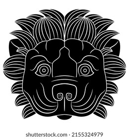 Stylized funny face of a lion. Feline mask. Black and white negative silhouette. Ancient Greek animal design from Corinth.
