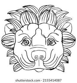 Stylized funny face of a lion. Feline mask. Ancient Greek animal design from Corinth. Hand drawn linear doodle rough sketch. Black silhouette on white background.