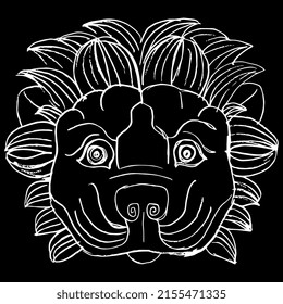 Stylized funny face of a lion. Feline mask. Ancient Greek animal design from Corinth. Hand drawn linear doodle rough sketch. White silhouette on black background.