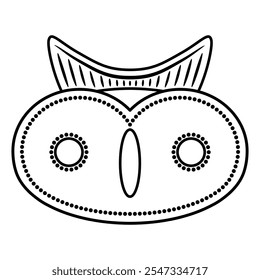 Stylized funny face of an owl. Indigenous animal design from ancient Columbia. Black and white linear silhouette.