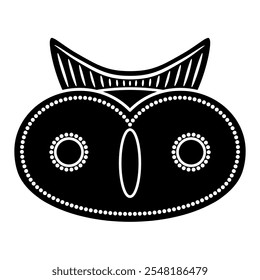 Stylized funny face of an owl. Indigenous animal design from ancient Columbia. Black and white silhouette.