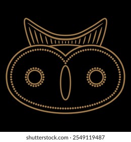 Stylized funny face of an owl. Indigenous animal design from ancient Columbia. Black and brown linear silhouette.