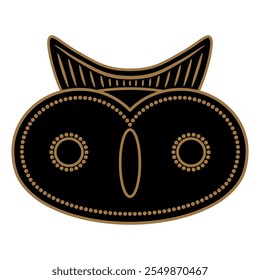 Stylized funny face of an owl. Indigenous animal design from ancient Columbia. Black and brown linear silhouette.