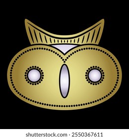 Stylized funny face of an owl. Indigenous animal design from ancient Columbia. Gold and white mask on black backgroun.