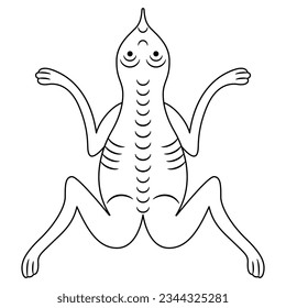 Stylized funny frog or toad. Russian medieval animal design. Black and white linear silhouette.