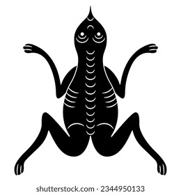 Stylized funny frog or toad. Russian medieval animal design. Black and white negative silhouette.