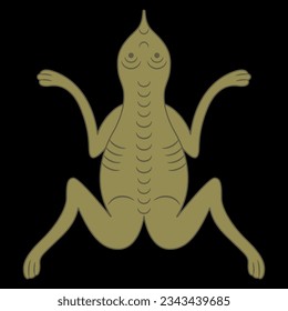 Stylized funny green frog or toad. Russian medieval animal design. On black background.