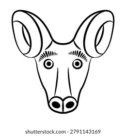 Stylized funny head of a sheep or ram. Medieval European animal design. Black and white linear silhouette.