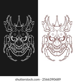 A stylized fusion of a beetle and an oni mask, creating a grotesque and captivating image.