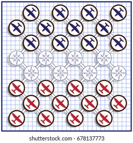 The stylized game of checkers on a sheet in a cage. Vector design for app game user interface.