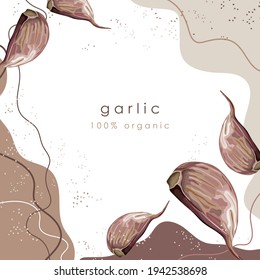 Stylized garlic on an abstract background with the text. Garlic cloves. Banner, poster, wrapping paper, sticker, print, modern textile design. Vector illustration. 