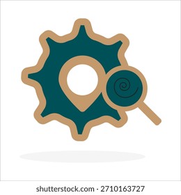 Stilisiertes Zahnradsymbol mit eingebettetem Positionsstift und Vergrößerungsglas-Overlay mit Spiraldetails. Ideal für Geolokalisierung, Systemdiagnose oder technische Analyse in digitalen Schnittstellen.