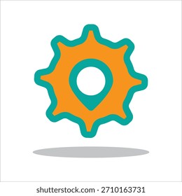 Stylized gear icon with embedded teal location pin in circular badge. Ideal for geolocation, system settings, or logistics themes. Clean and modern design for digital interfaces.