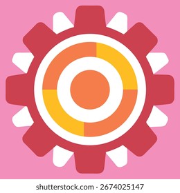 A stylized gear icon featuring a segmented circular element in vibrant colors, set against a solid pink background, representing industry and progress.
