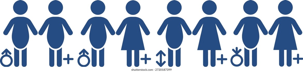 Conjunto de Vectores de símbolo de género estilizado con iconos de hombre, mujer, plus, anillo, flecha para ilustraciones de genética, identidad, familia y rol social
