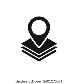 A stylized geolocation icon with a pin shape and layered base featuring a central circular element.