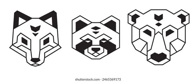 Cabezas de animales geométricas estilizadas (oso, lobo o zorro y mapache) en estilo de alambre poligonal. Diseño de tatuajes, arte del logotipo, Ilustración vectorial.