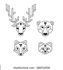 Cabezas geométricas estilizadas de animales (ciervo, oso, lobo o zorro y panda rojo) en forma de alambre poligonal.