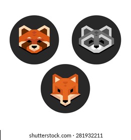 Stylized geometric animal heads (fox, red panda, raccoon) inside circles in clean minimalistic style.