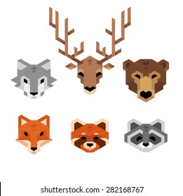 Cabezas geométricas estilizadas de animales (lobo, ciervo, oso, zorro, panda rojo, mapache) en un estilo minimalista limpio.