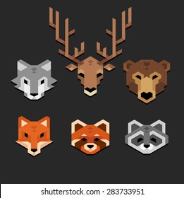 Stylized geometric animal heads (wolf, deer, bear, fox, red panda, raccoon) in clean minimalistic style.