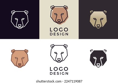 Ilustración geométrica estilizada de la cabeza del oso. Diseño tribal de íconos vectores en 6 estilos diferentes