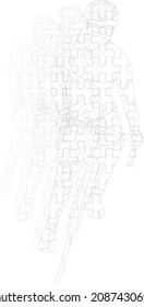 Stylized, geometric bicyclist, cyclist, cycle sketch isolated. Sportsman, athlete silhouette illustration vector. Sport bike, cycle logo, poster, advertising.