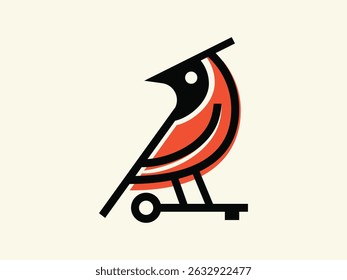 Stylized geometric bird illustration with bold black and orange shapes, perched on a minimal structure resembling a scooter. Ideal for modern logos, creative branding, and editorial design.