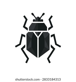 A stylized geometric black beetle icon with sharp angles and facets, presented in a minimalist vector art style.