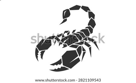 Stylized geometric black scorpion stencil showing sharp joints and stinger isolated on a white background.