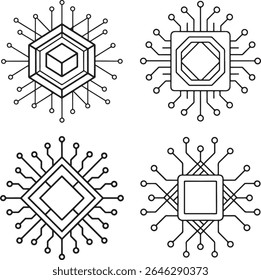 A stylized, geometric black and white silhouette of a computer chip with radiating connections and a central diamond shape.
