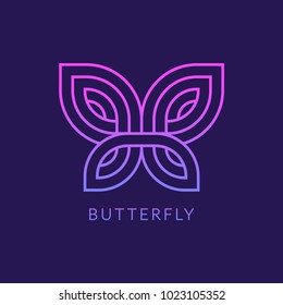 Stylized geometric butterfly logo design on dark purple background. Elegant vector illustration.