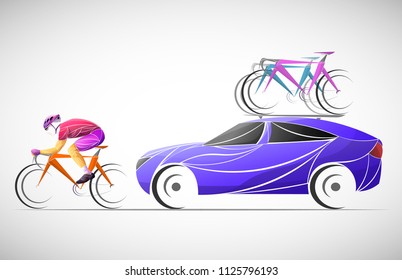 stylized, geometric, car, vector bicyclist