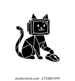 A stylized geometric cat figure with a computer monitor for a head and a computer mouse.