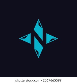 A stylized, geometric compass rose with a prominent "N" in the center, rendered in blue against a dark background