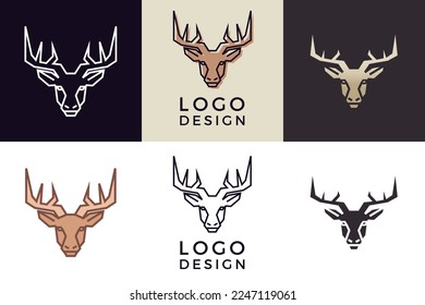 Stylized geometric deer head illustration. Vector icon tribal stag design in 6 different styles