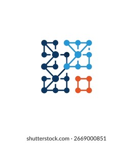 Ein stilisiertes geometrisches Design, das aus miteinander verbundenen Punkten und Linien besteht und eine quadratische Form mit verschiedenen farbigen Abschnitten bildet.