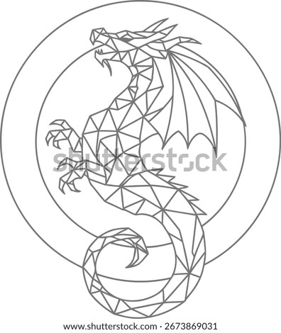 A stylized geometric dragon coiled within a circular frame, rendered in a minimalist line art style with a polygonal design.