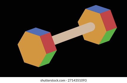 Una mancuerna geométrica estilizada con bordes hexagonales multicolores sobre un fondo negro