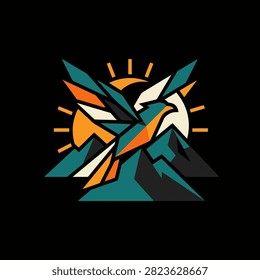 Stylized geometric eagle soaring above sharp mountain peaks at sunrise
