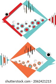 Stylized geometric fish in red, orange and turquoise
