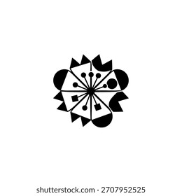 A stylized geometric flower design featuring triangles, circles, and squares arranged around a central point with radiating lines.