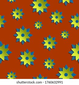 Stylized geometric flowers in blue, yellow colors with a shadow on a red background. Seamless pattern.